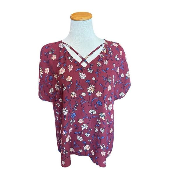 Womens Charming Charlie Floral Print Criss Cross Neck Flowy Black Ruched Top - L - Picture 1 of 2